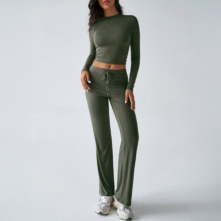 Damen nan tailliertes Longsleeve-Crop-Top und weite Lounge-Hose im Zweiteiler-Set aus Stretchjersey Drune