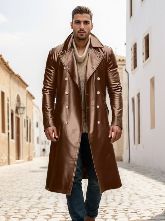 Herren Langer glänzender Kunstleder-Trenchcoat mit Doppelreiher und markantem Revers Drune