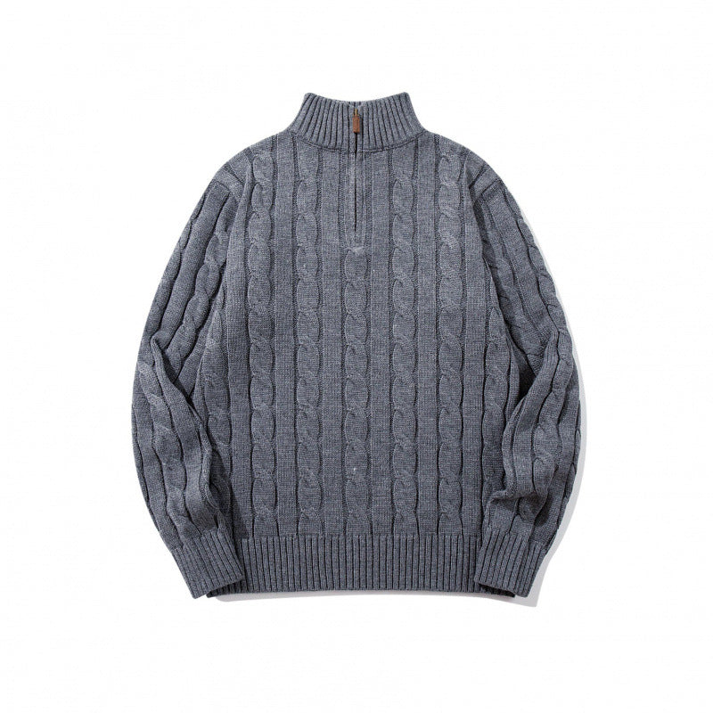 Unisex Grobgestrickter Halbreißverschluss-Zopfmuster-Pullover mit Stehkragen und gerippten Abschlüssen Drune