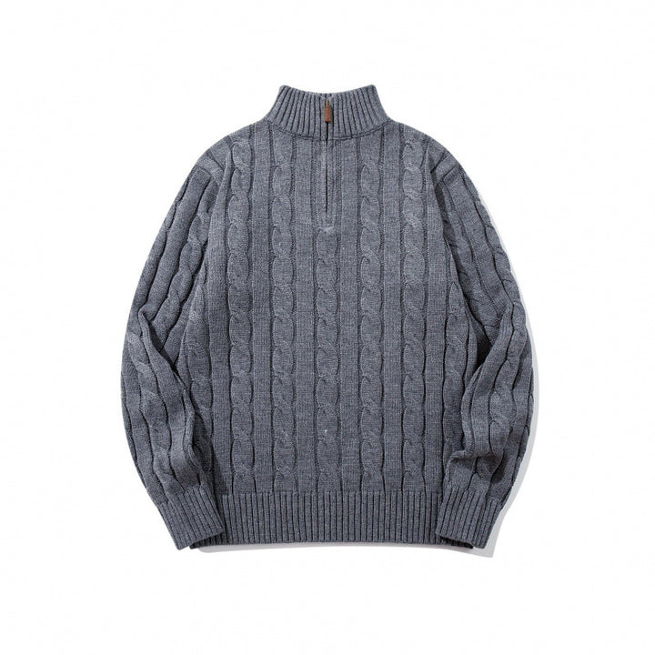 Unisex Grobgestrickter Halbreißverschluss-Zopfmuster-Pullover mit Stehkragen und gerippten Abschlüssen Drune