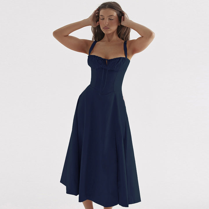 Damen Elegantes Langarm-Maxikleid mit gerafftem Oberteil und A-Linien-Silhouette Drune