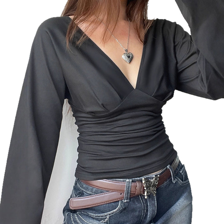 Damen nan figurbetontes Langarm-Top mit tiefem V-Ausschnitt, Nackenband zum Binden und taillierter Silhouette Drune