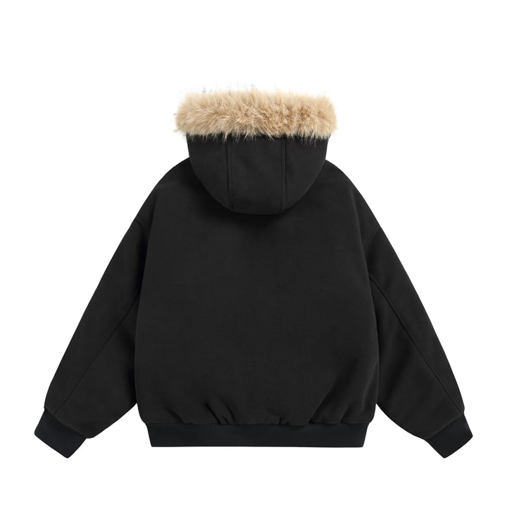 Damen Kurzboxy Kapuzenblouson aus French‑Terry mit voluminöser Kunstfellkante Drune