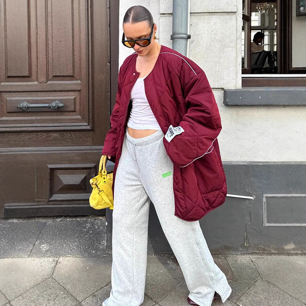 Damen Oversize-Steppjacke mit Diamantstepp, kontrastierender Paspel und Druckknopfverschluss Drune