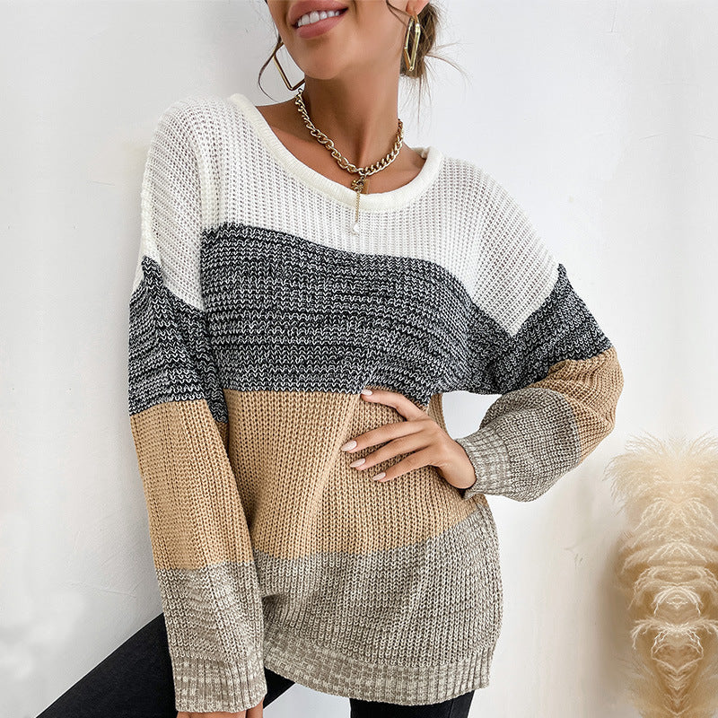 Damen Oversize Farbblock Strickpullover mit Rundhalsausschnitt und Rippbündchen Drune