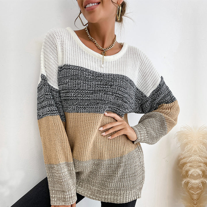 Damen Oversize Farbblock Strickpullover mit Rundhalsausschnitt und Rippbündchen Drune