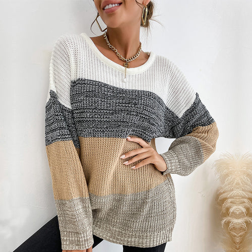 Damen Oversize Farbblock Strickpullover mit Rundhalsausschnitt und Rippbündchen Drune