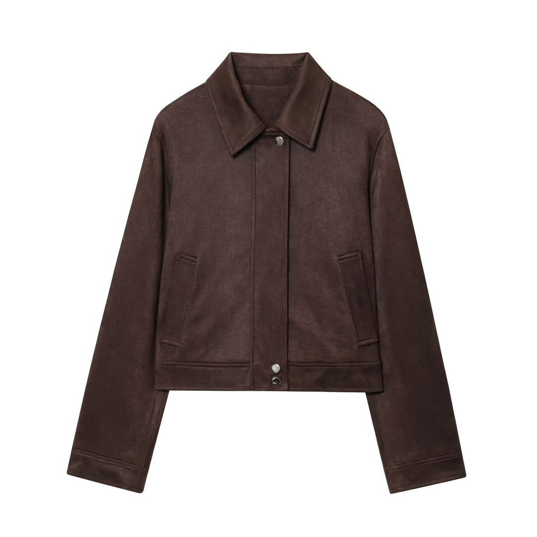 Damen 30+ kurz geschnittene Veloursjacke im Blousonstil mit Hemdkragen und verdeckter Druckknopfleiste Drune