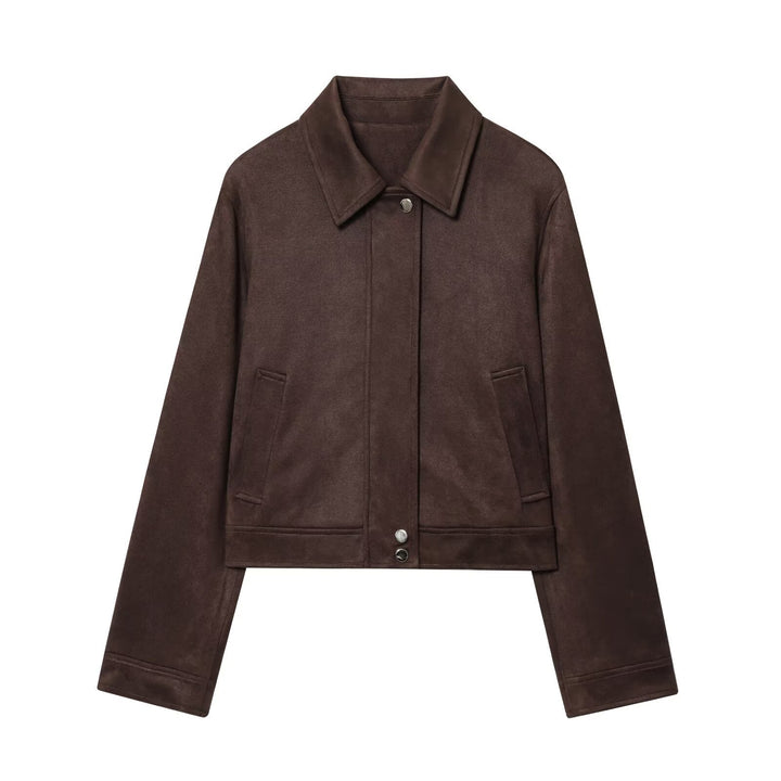 Damen 30+ kurz geschnittene Veloursjacke im Blousonstil mit Hemdkragen und verdeckter Druckknopfleiste Drune