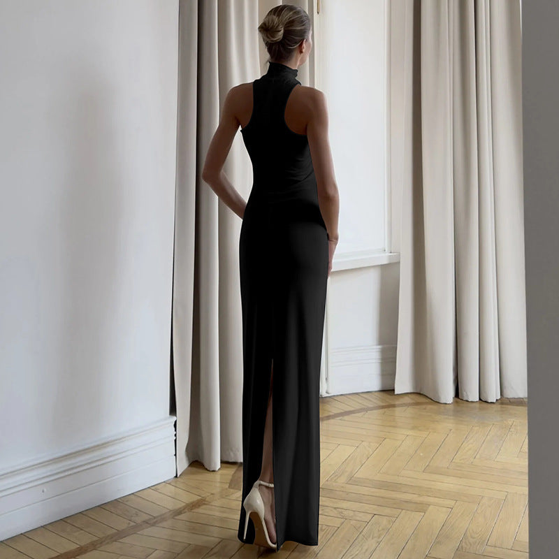 Damen elegantes langes Abendkleid mit halbem Kragen und edlen Akzenten Drune
