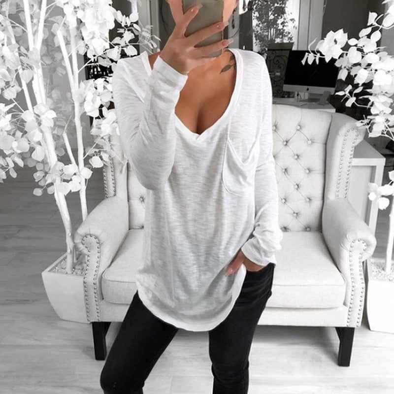 Damen Lässige Oversize Tunika mit V‑Ausschnitt, Brusttasche und verlängertem Saum Drune