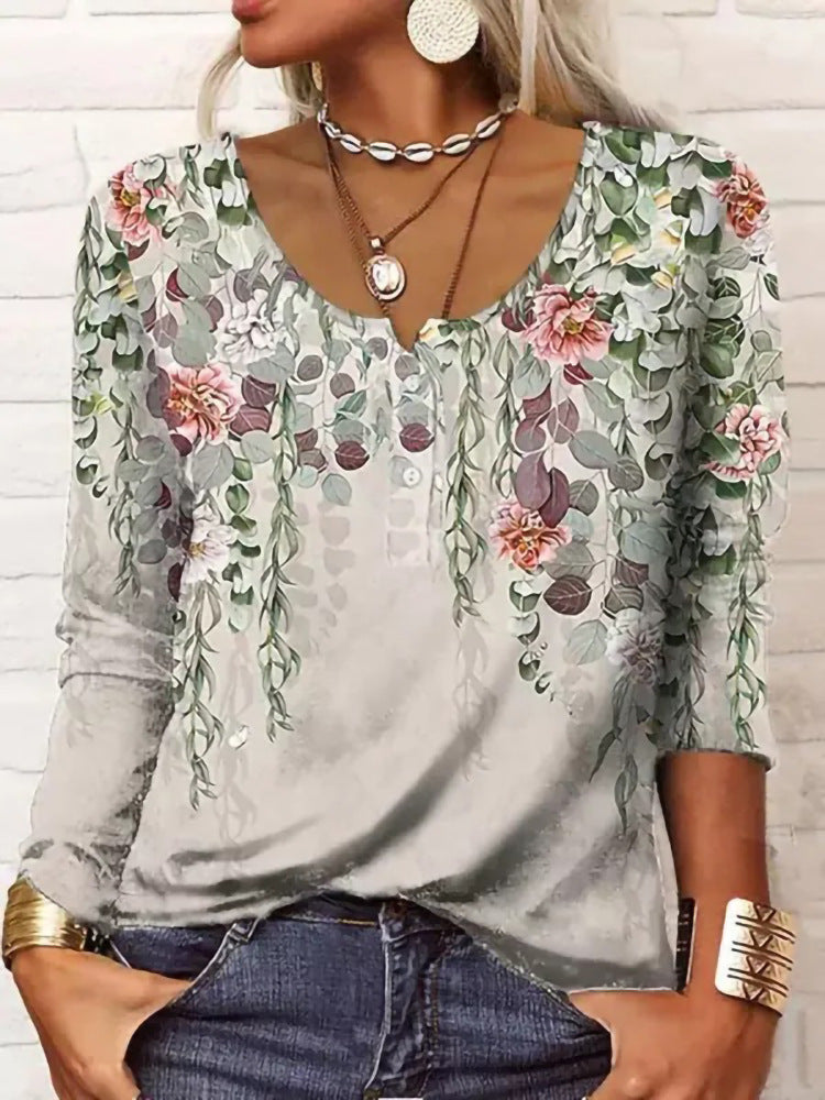 Damen Boho-Tunika mit floralen Hängeranken, V-Ausschnitt und dreiviertelärmeln Drune