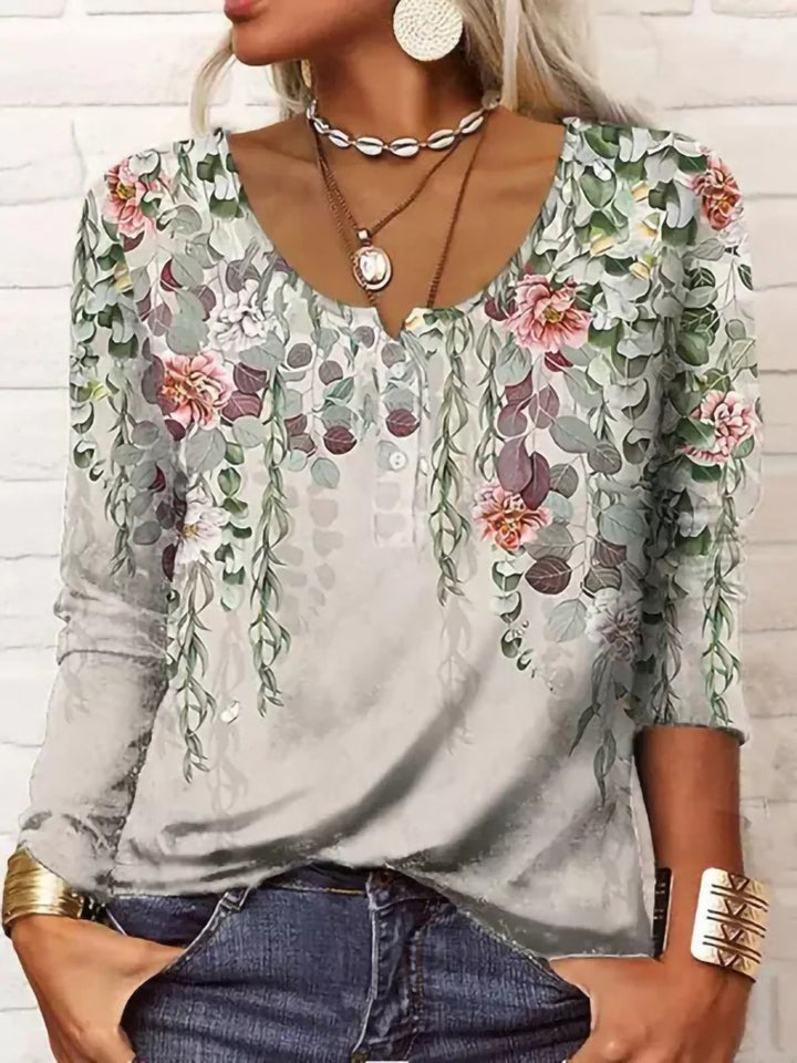 Damen Boho-Tunika mit floralen Hängeranken, V-Ausschnitt und dreiviertelärmeln Drune