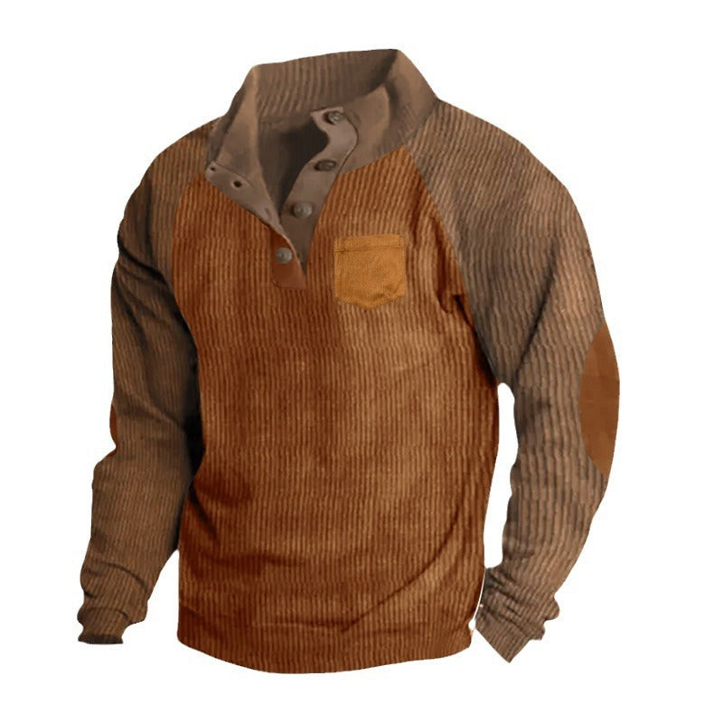 Herren Geripptes Henley‑Pullover mit Raglanärmeln, Ellenbogen‑Patches & Brusttasche Drune