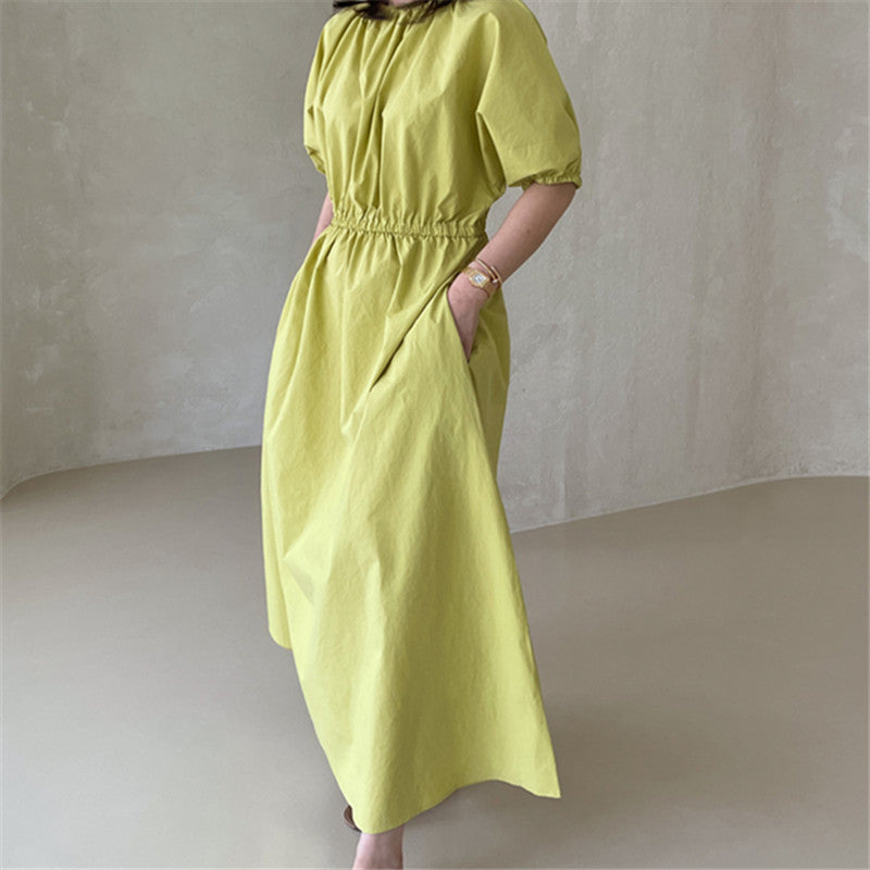 Damen Fließendes Baumwoll-Maxi-Sommerkleid mit elastischem Taillenbund, Puffärmeln und Eingrifftaschen Drune