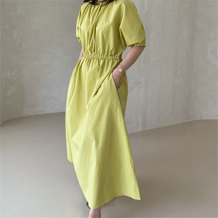 Damen Fließendes Baumwoll-Maxi-Sommerkleid mit elastischem Taillenbund, Puffärmeln und Eingrifftaschen Drune