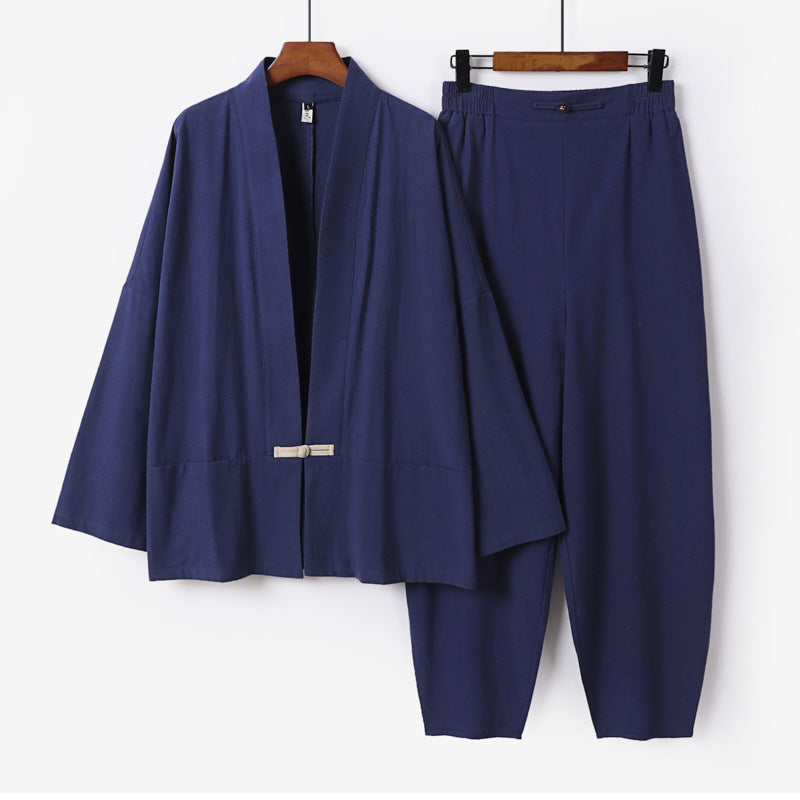 Herren Zen-Relax-Set mit offener Kimono-Jacke, dekorativem Knebelverschluss und tapered Harem-Joggpants Drune