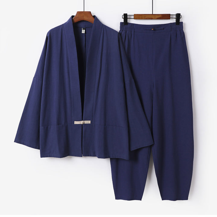 Herren Zen-Relax-Set mit offener Kimono-Jacke, dekorativem Knebelverschluss und tapered Harem-Joggpants Drune