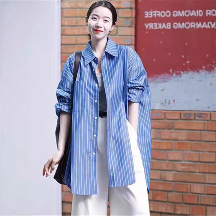Damen Longline-Hemd mit Nadelstreifen, Oversize-Silhouette und verlängertem Saum Drune
