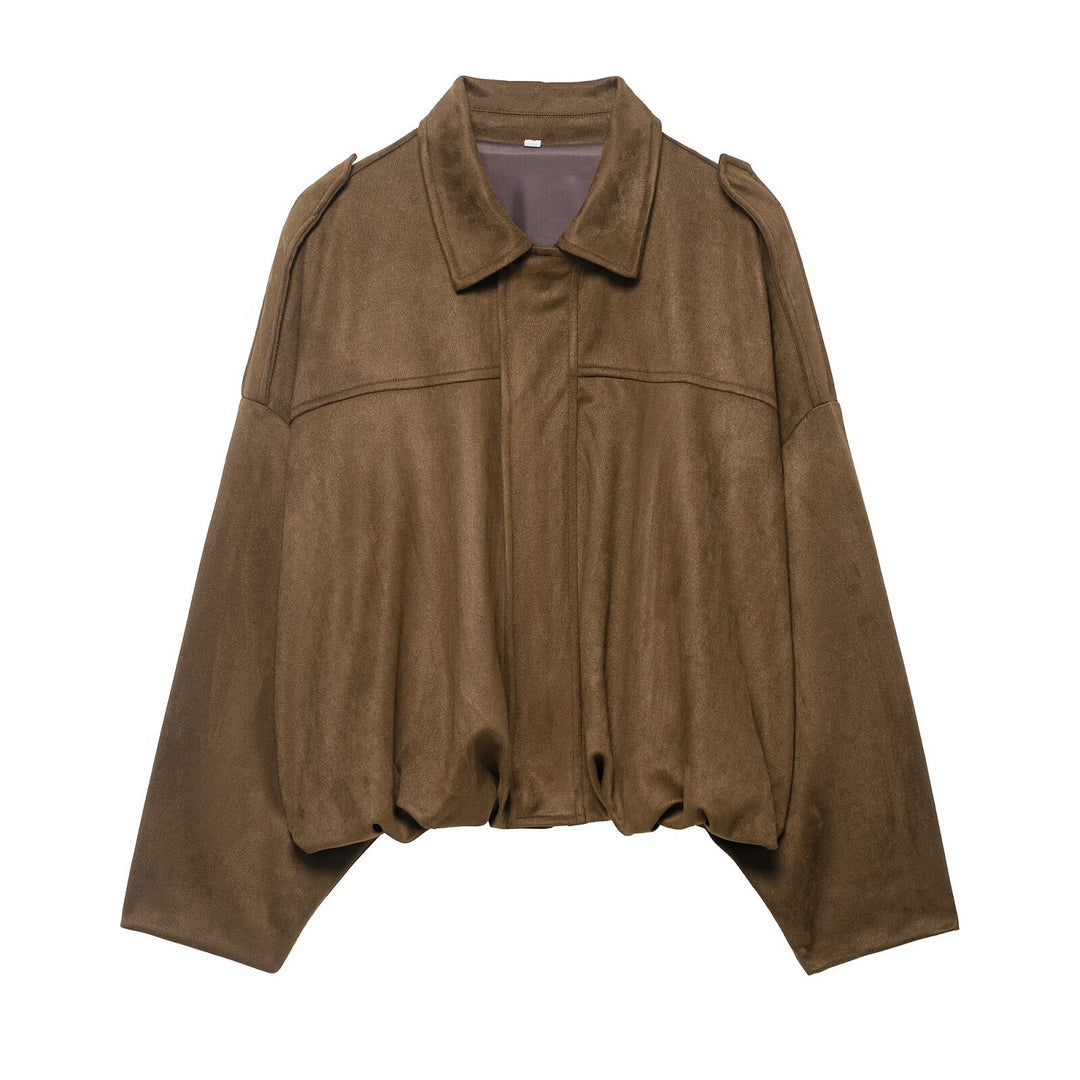 Damen Oversize-Suedejacke mit Schulterklappen, verdeckter Knopfleiste und elastischem Saum Drune