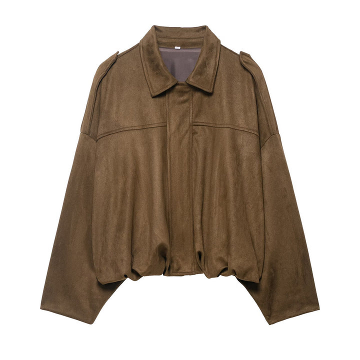 Damen Oversize-Suedejacke mit Schulterklappen, verdeckter Knopfleiste und elastischem Saum Drune