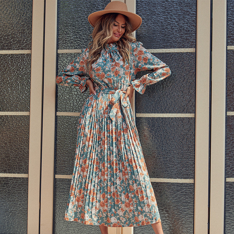 Damen Midi-Kleid mit floralem Design und Bindedetails Drune
