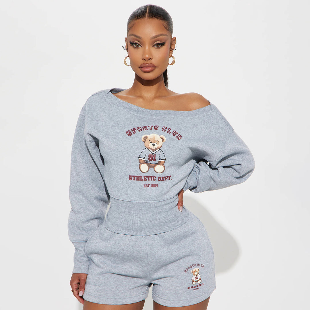 Damen lässiges Freizeitset mit grafischem Bear-Motiv und komfortablem Schnitt Drune