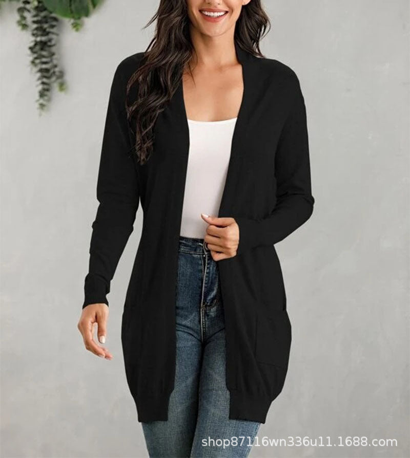 Damen Lange Strickjacke mit offenen Front und praktischen Taschen Drune