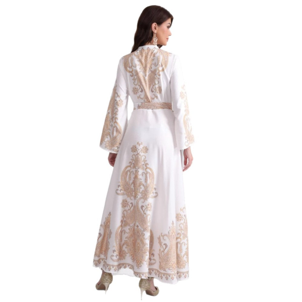 Damen Besticktes Maxikleid mit Stehkragen, Taillengürtel und Orientalischem Paisley-Motiv Drune
