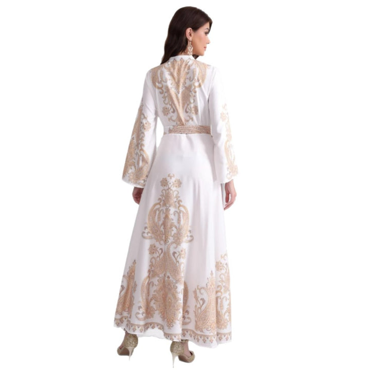 Damen Besticktes Maxikleid mit Stehkragen, Taillengürtel und Orientalischem Paisley-Motiv Drune