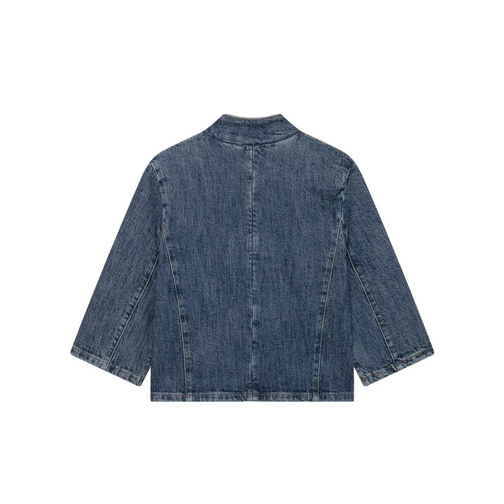 Damen Cropped Denim Cape‑Jacke mit Stehkragen, kastiger Silhouette und 3/4‑Ärmeln Drune