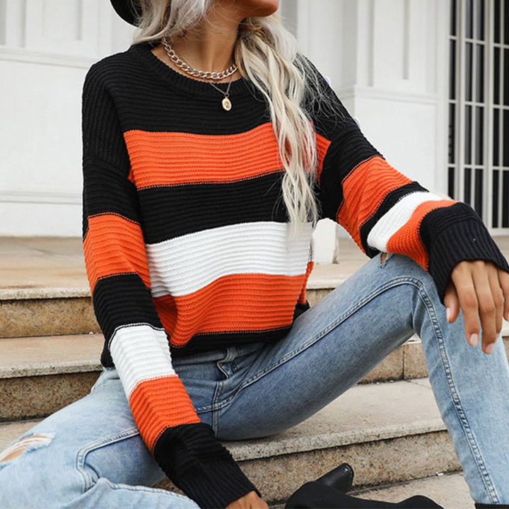 Damen Breitgestreifter Strickpullover im Fisherman‑Look mit gerippter Textur und überschnittener Schulter Drune