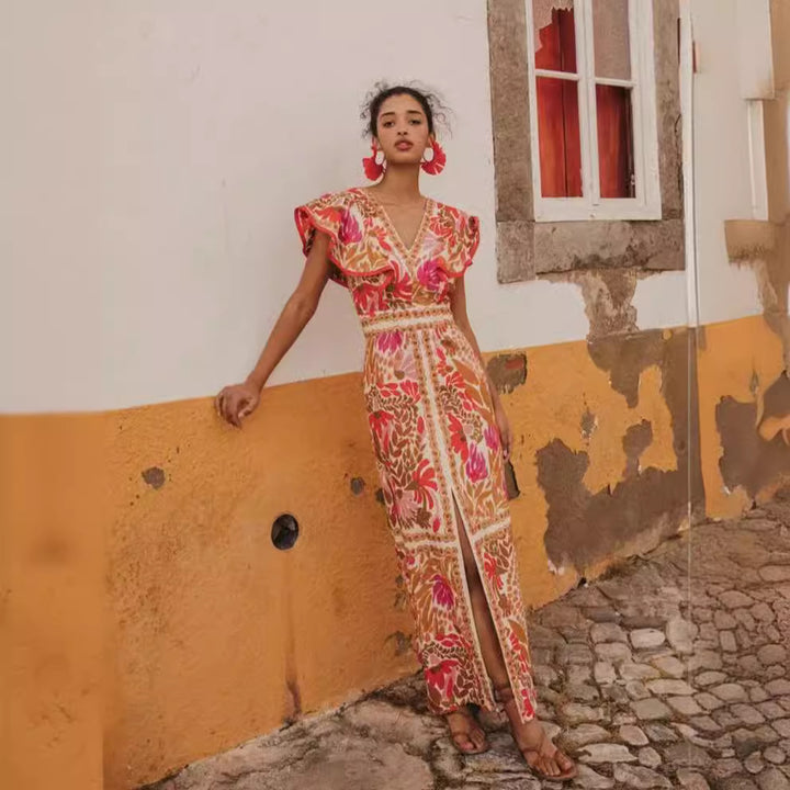 Damen Maxikleid mit farbenfrohem floralem Muster und Volantärmel Drune