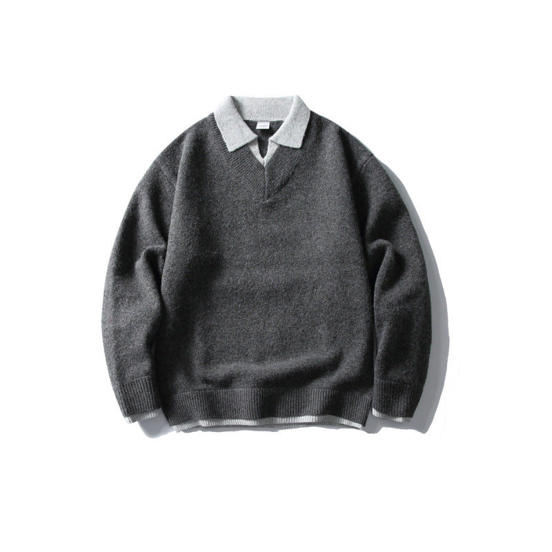 Unisex Oversize-Strickpullover mit kontrastpolokragen und V-Ausschnitt Drune