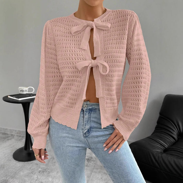 Damen luftige Strickjacke mit Bindegürtel und raffinierten Ausschnitten Drune