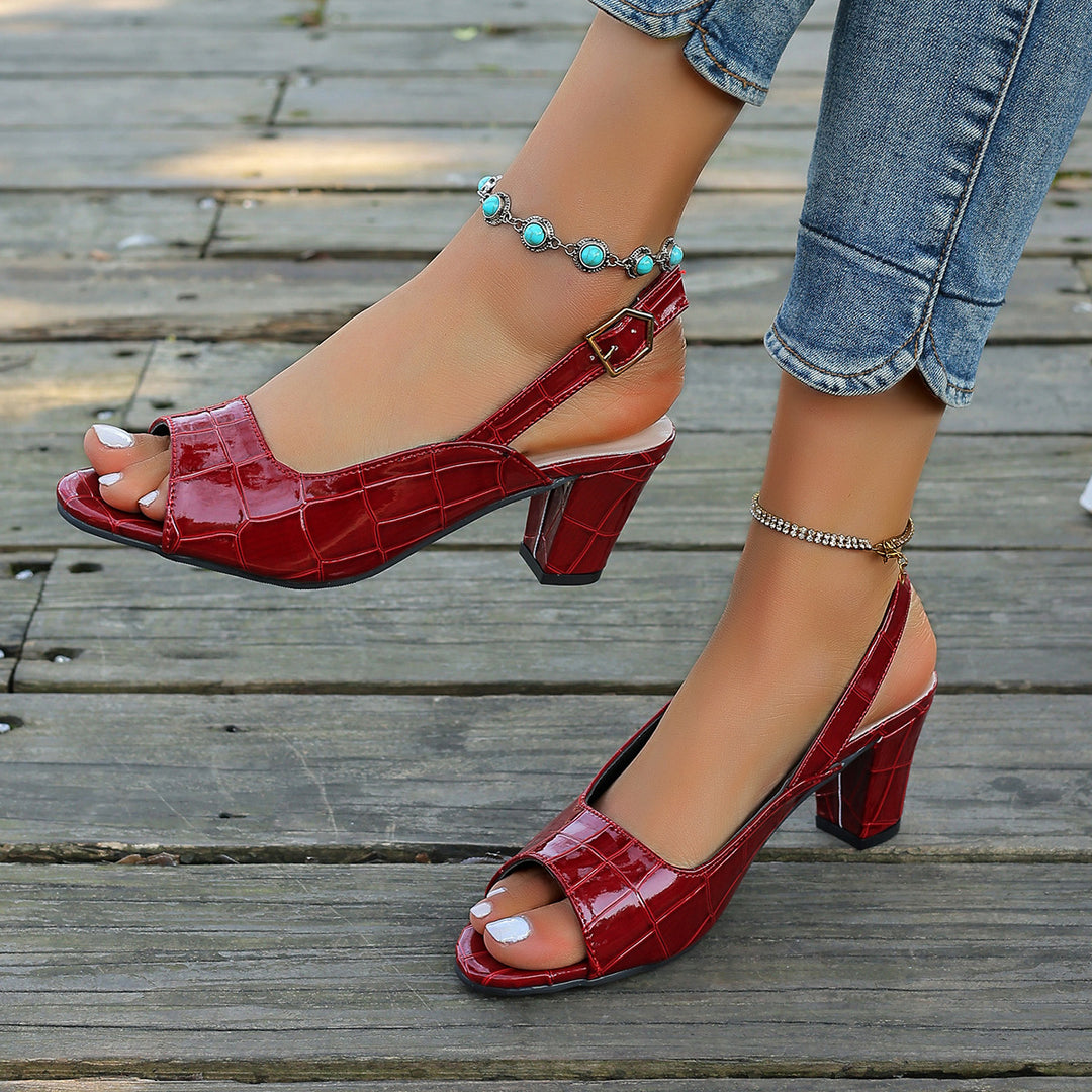 Damen elegante Peeptoe-Slingback Sandalen mit mittelhohem Blockabsatz Kroko-Lackleder-Optik Drune