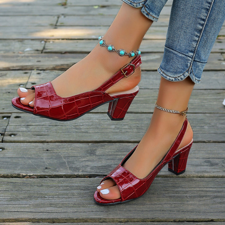 Damen elegante Peeptoe-Slingback Sandalen mit mittelhohem Blockabsatz Kroko-Lackleder-Optik Drune