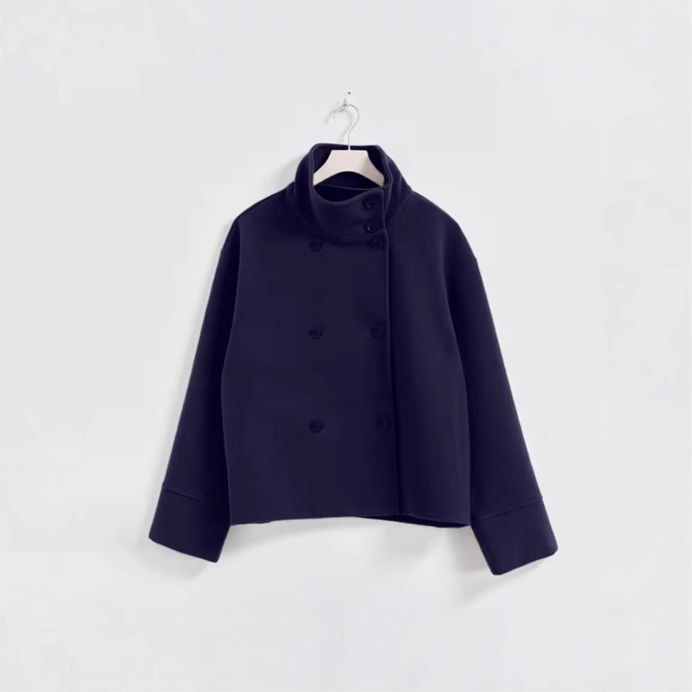 Damen Modische Cropped Jacke mit hohem Kragen und doppelter Knopfleiste Drune
