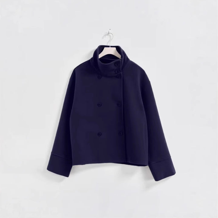 Damen Modische Cropped Jacke mit hohem Kragen und doppelter Knopfleiste Drune