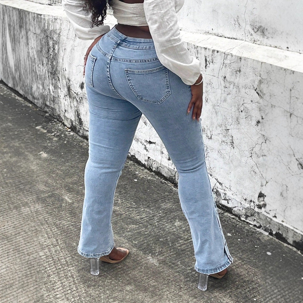 Damen High-Waist Stretch-Jeans mit leichtem Flare und seitlichen Druckknopf-Details Drune