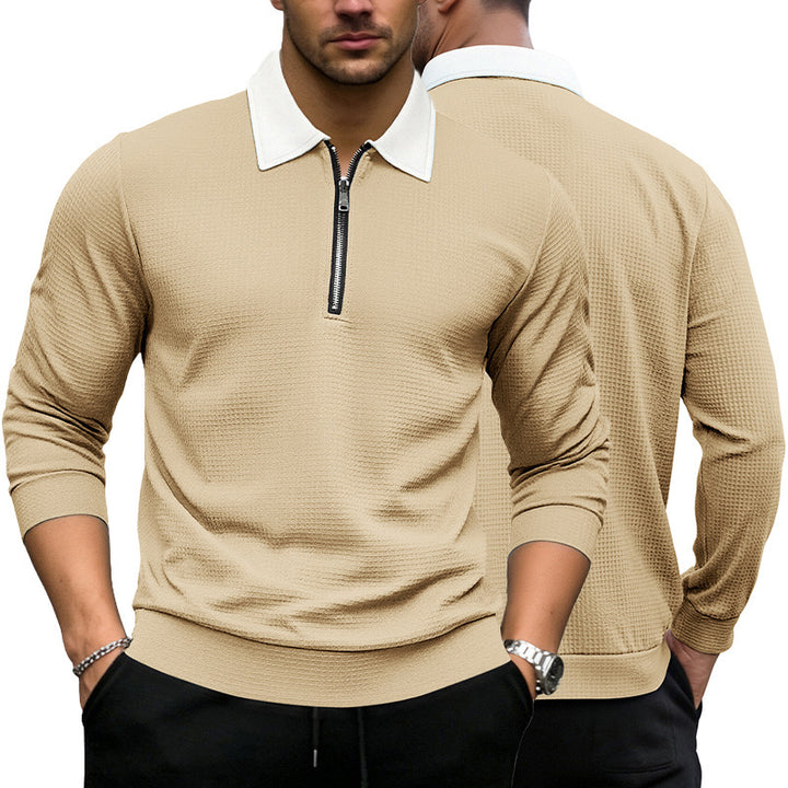 Herren Elegantes Waffelstruktur-Poloshirt mit Halbzip und Kontrastkragen Drune