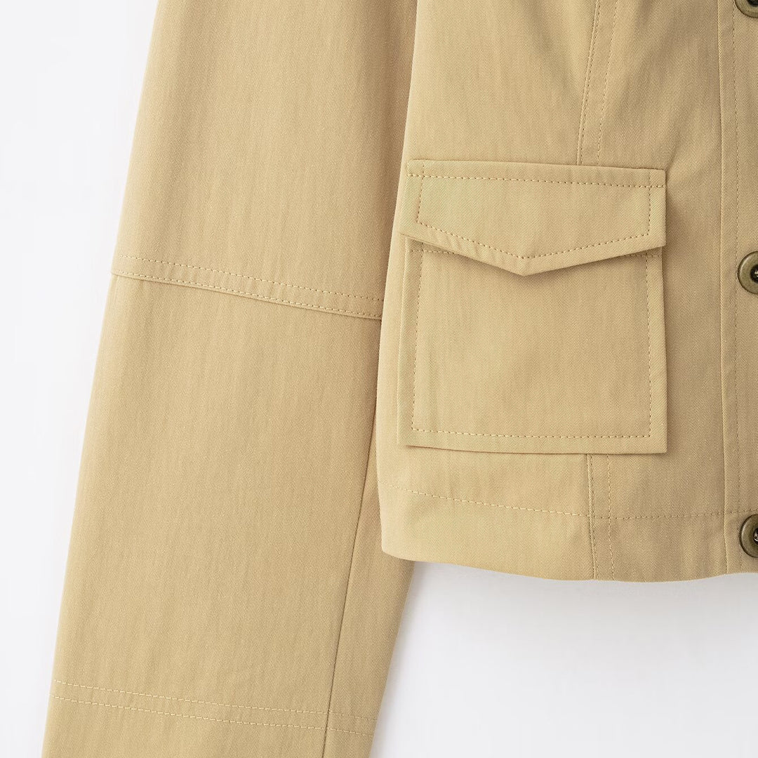 Damen Kurzer Doppelreihiger Field‑Blouson im Utility‑Stil mit Stehkragen Drune