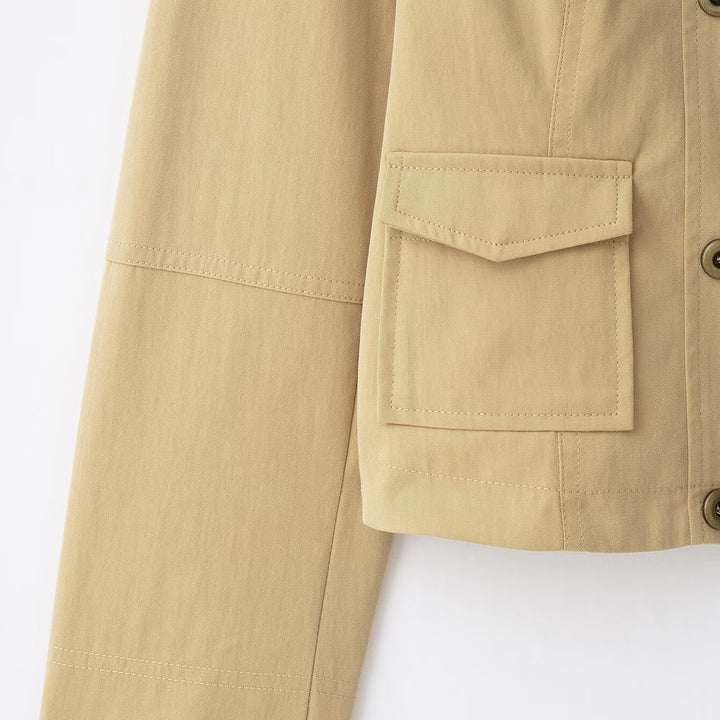 Damen Kurzer Doppelreihiger Field‑Blouson im Utility‑Stil mit Stehkragen Drune