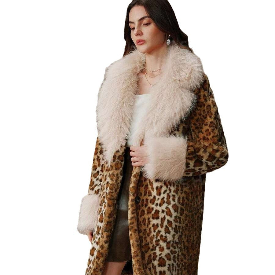 Damen Midilanger Kunstpelzmantel im Animal-Look mit abgesetztem Langhaar-Kragen und Manschetten Drune