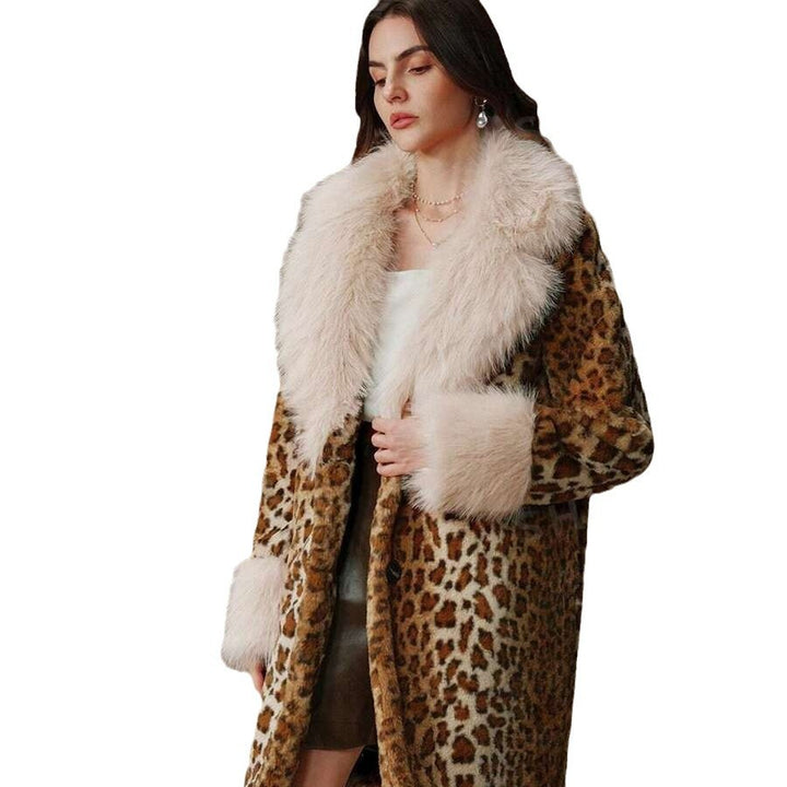 Damen Midilanger Kunstpelzmantel im Animal-Look mit abgesetztem Langhaar-Kragen und Manschetten Drune