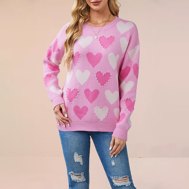 Damen Strickpullover mit Herzmuster und Perlendetails Drune