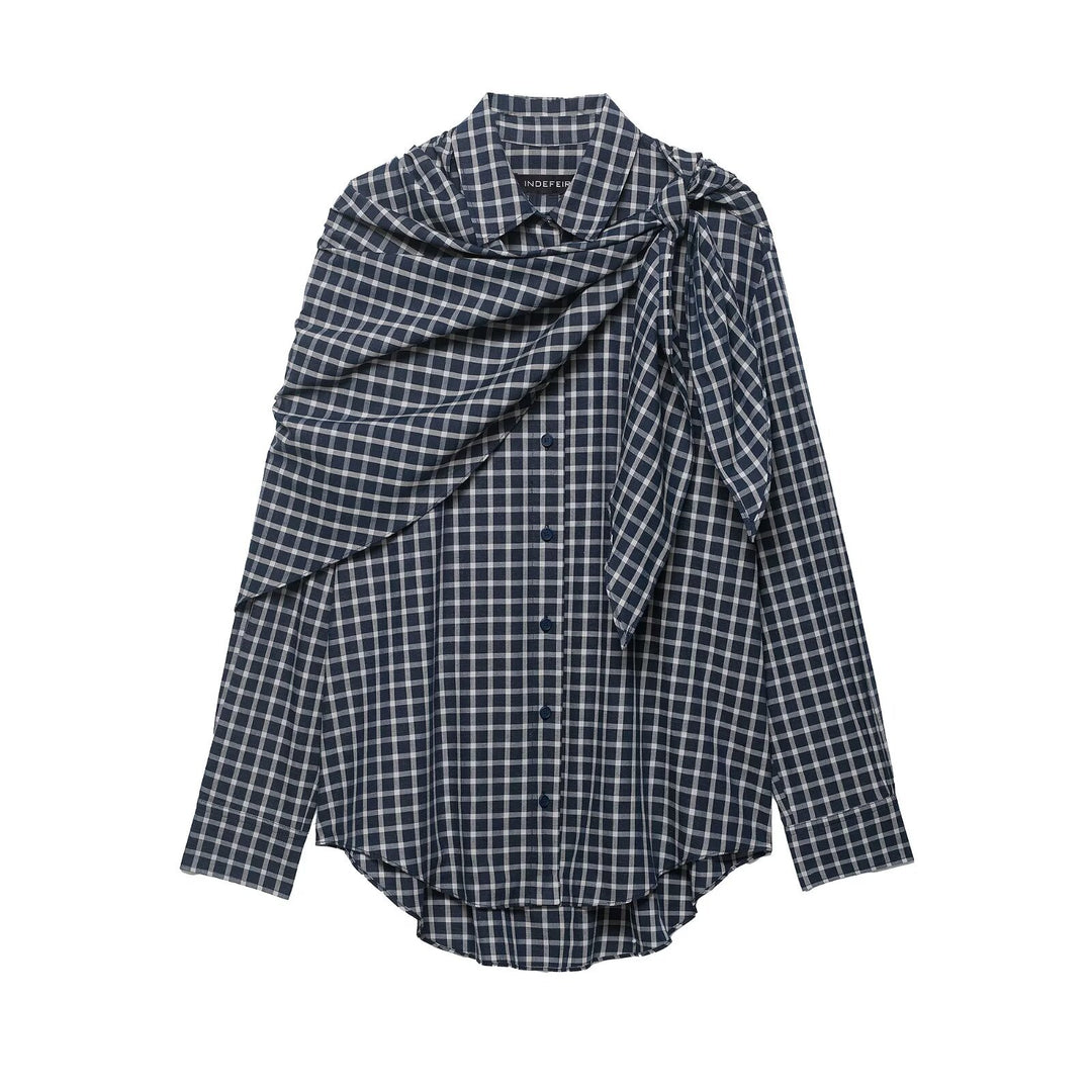Damen Karierte Bluse mit asymmetrischem Schal‑Drapé und Hemdkragen Drune