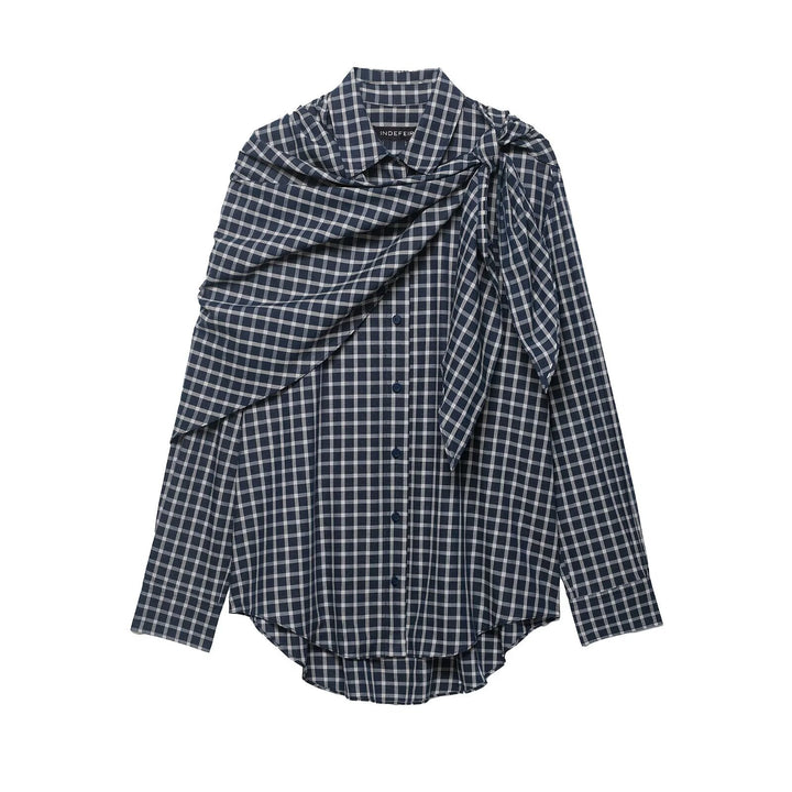Damen Karierte Bluse mit asymmetrischem Schal‑Drapé und Hemdkragen Drune