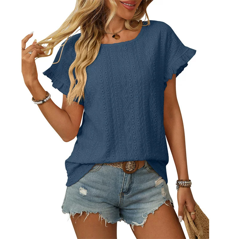 Damen Chiffonbluse mit Spitzenärmeln und feinem Lochmuster Drune