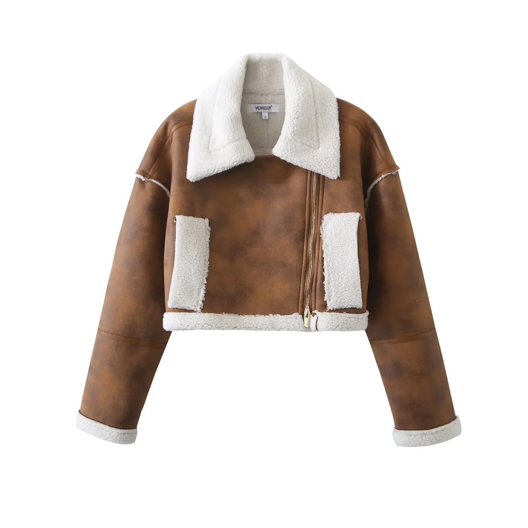 Damen cropped Kunstlederjacke mit kuscheligem Teddyfutter und praktischen Taschen Drune